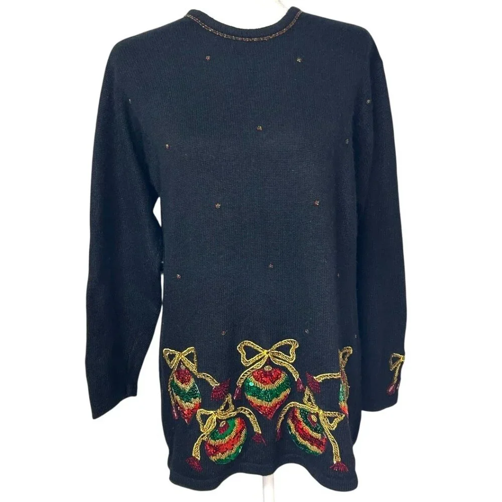 Vintage Karen Scott Black Silk Nylon Angora Lambswool Christmas Sweater‎ Size PL